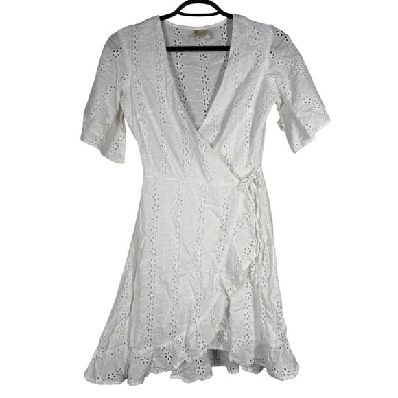 Japna White Eyelet Wrap Dress Womens Sz XS Cottagecore Feminine Boho Beachy - Picture 1 of 8